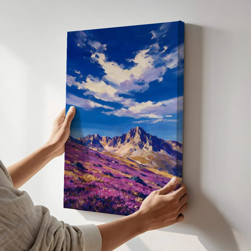 Sfeerimpressie: Alpenweide onder de toppen in bloei terwijl het aan de muur wordt gehangen