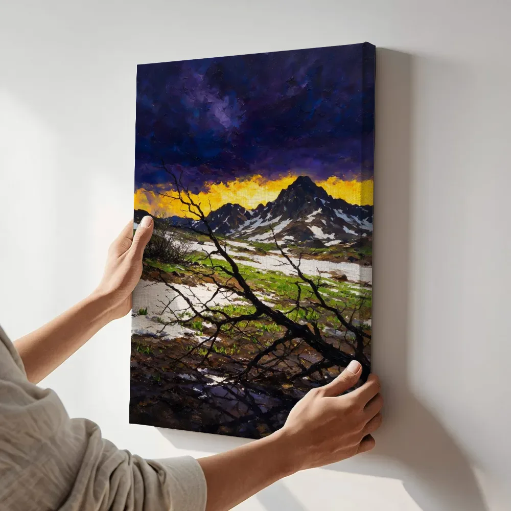Sfeerimpressie: Alpenweide onder de toppen in de vroege lente terwijl het aan de muur wordt gehangen