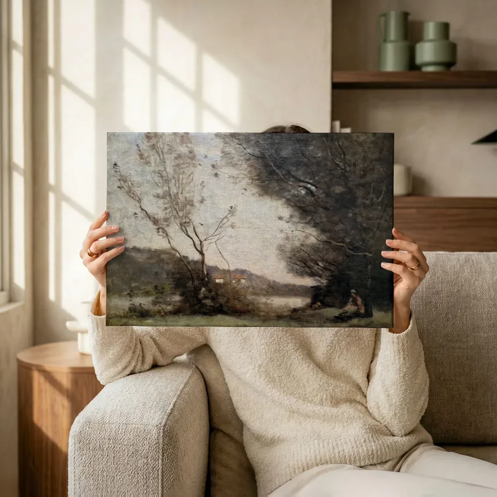 Sfeerimpressie: Aan de rivier van Jean-Baptiste-Camille Corot terwijl het omhoog wordt gehouden