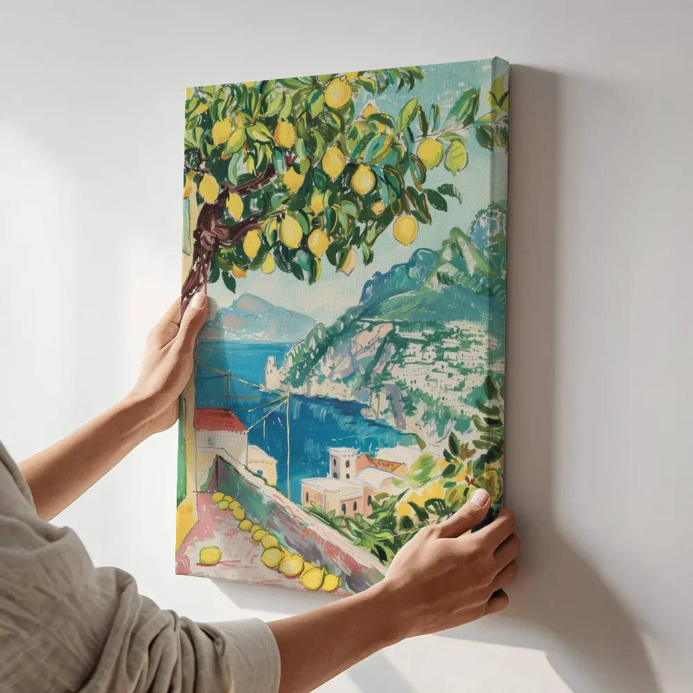 Sfeerimpressie: Amalfikust met citroenboom terwijl het aan de muur wordt gehangen