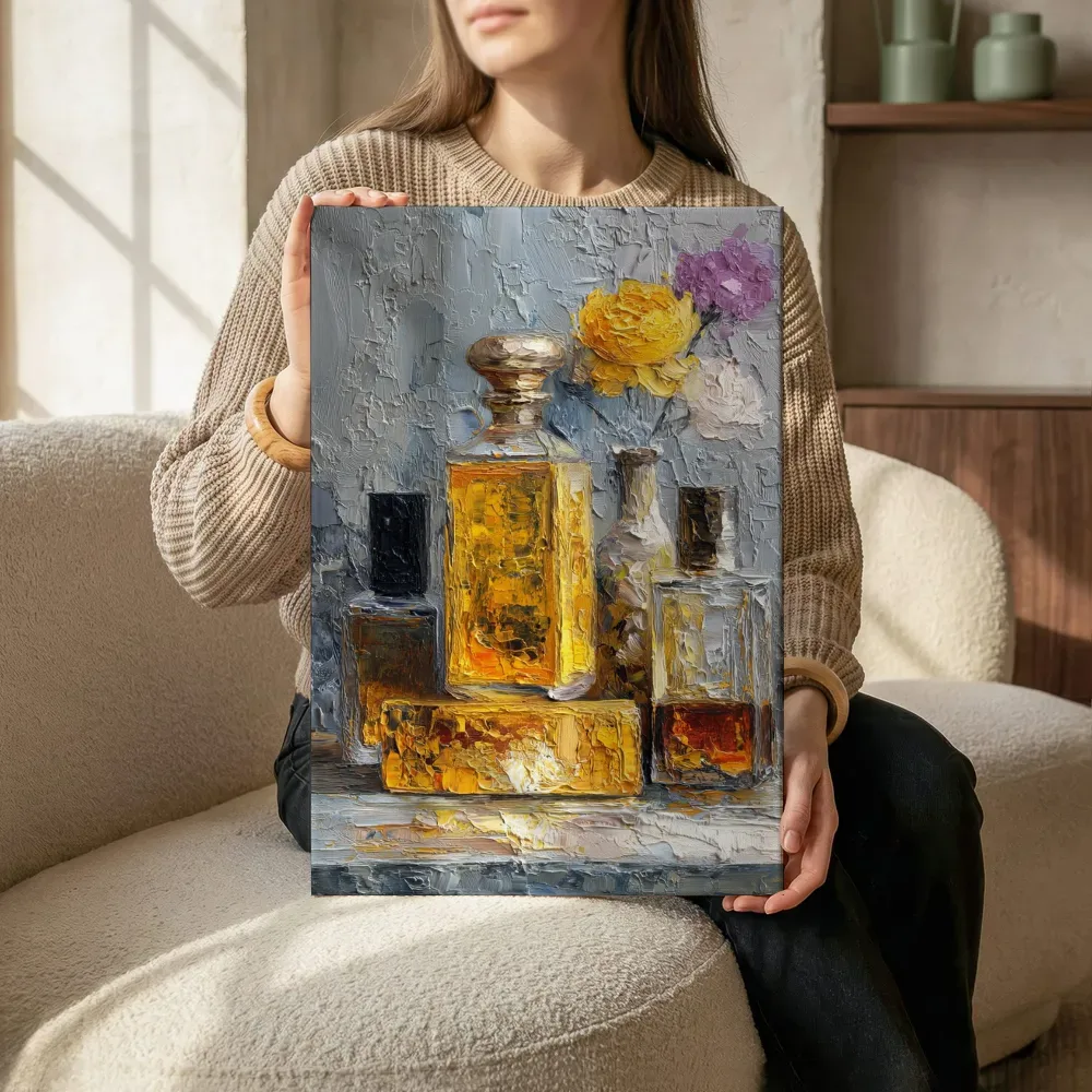 Sfeerimpressie: Amberkleurige parfumflacons met bloemen terwijl het zittend wordt getoond