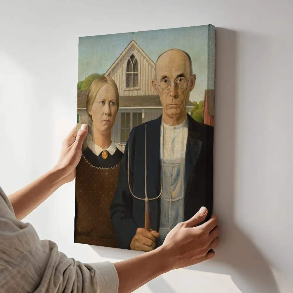 Sfeerimpressie: American Gothic van Grant Wood terwijl het aan de muur wordt gehangen