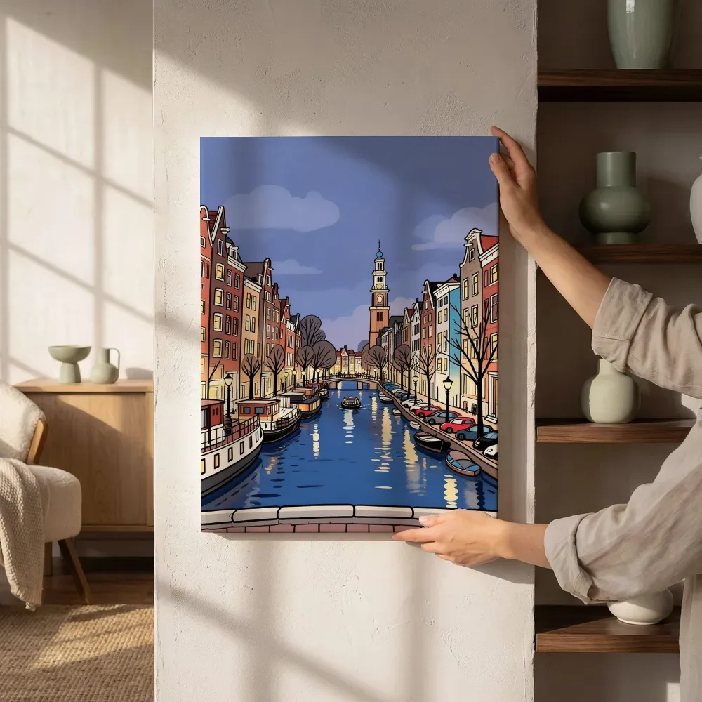 Sfeerimpressie: Amsterdam, Damrak in cartoonstijl naast de kast