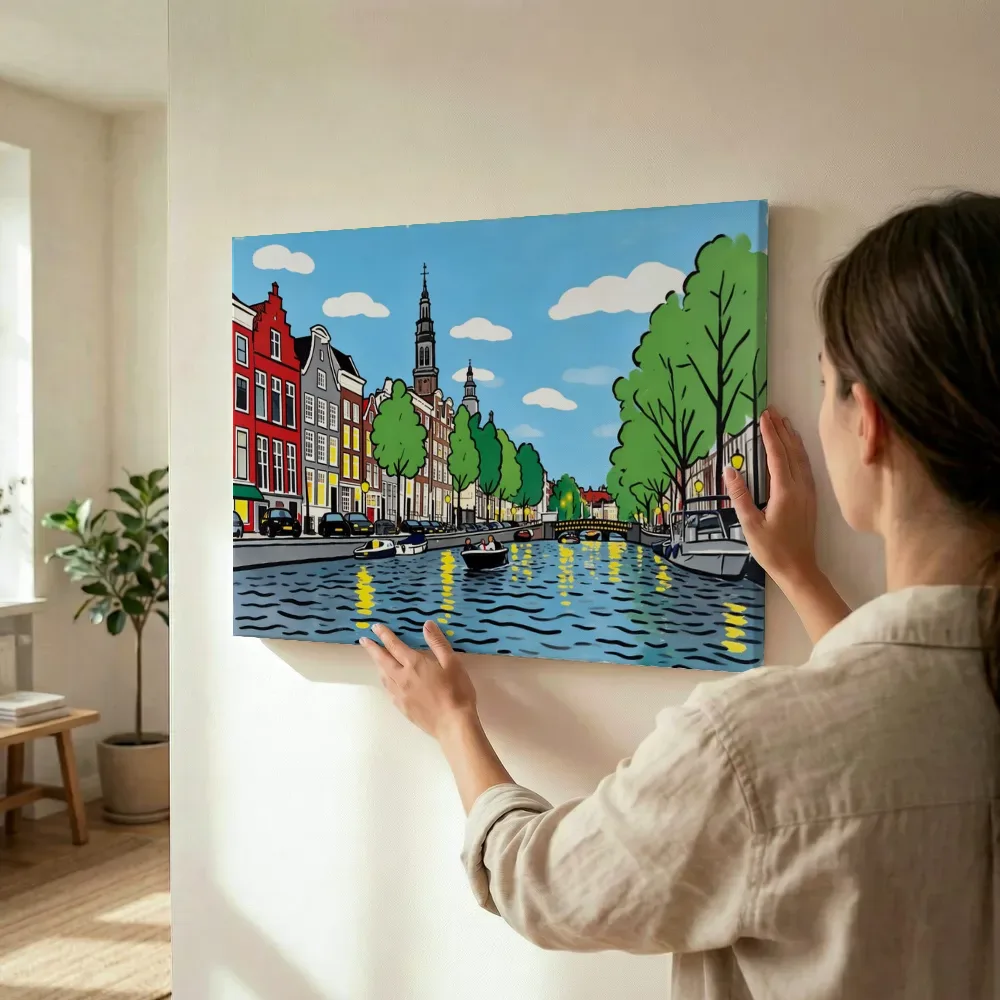 Sfeerimpressie: Amsterdam, Herengracht in vlakke acryl terwijl het wordt opgehangen
