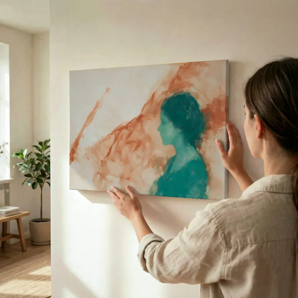 Sfeerimpressie: Vrouw in terracotta en turquoise terwijl het wordt opgehangen