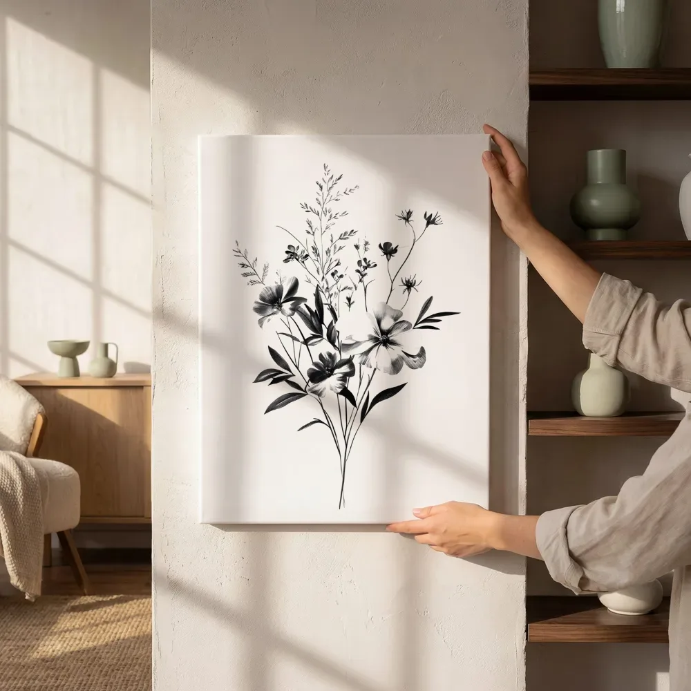 Sfeerimpressie: Anemonen inktschets met wildbloemen naast de kast