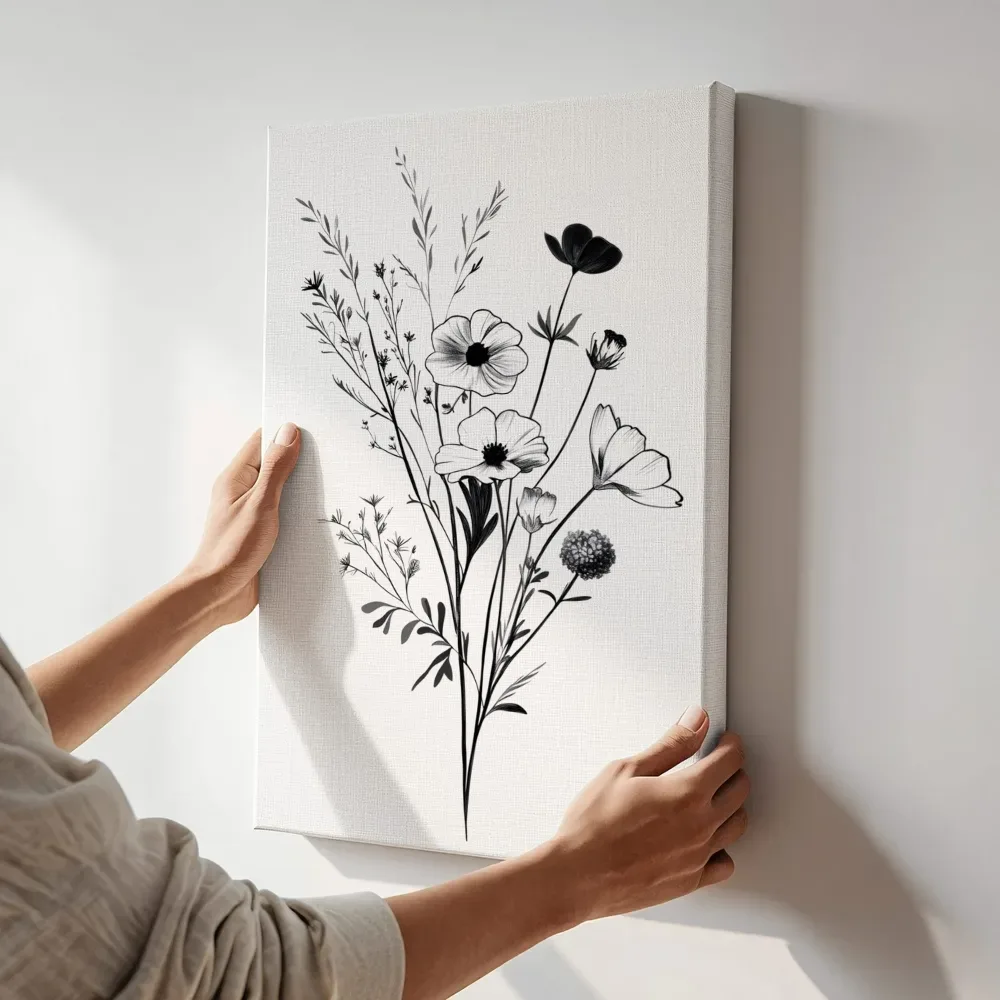 Sfeerimpressie: Anemonen zwart-wit boeket terwijl het aan de muur wordt gehangen