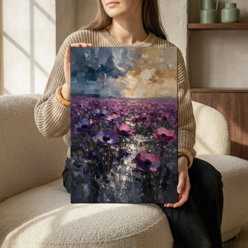 Sfeerimpressie: Anemoon in het landschap in violet terwijl het zittend wordt getoond