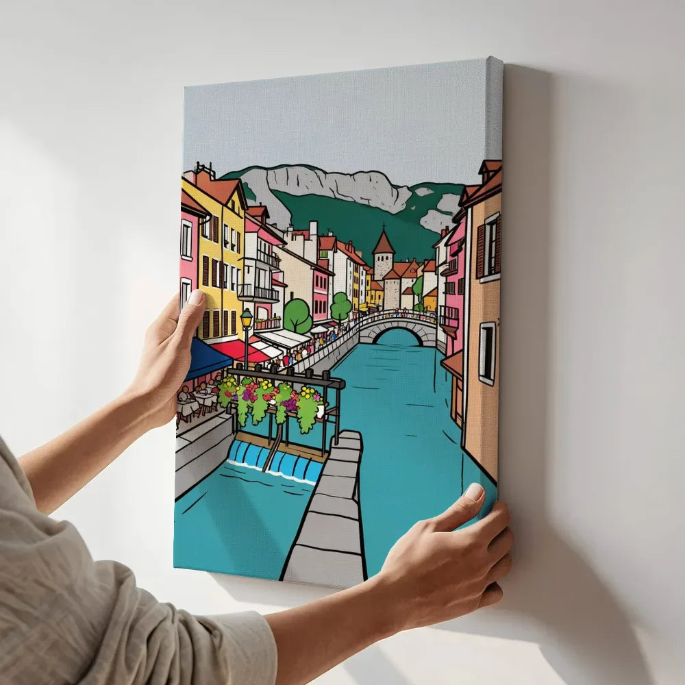 Sfeerimpressie: Annecy, Palais de l'Isle in cartoonstijl terwijl het aan de muur wordt gehangen