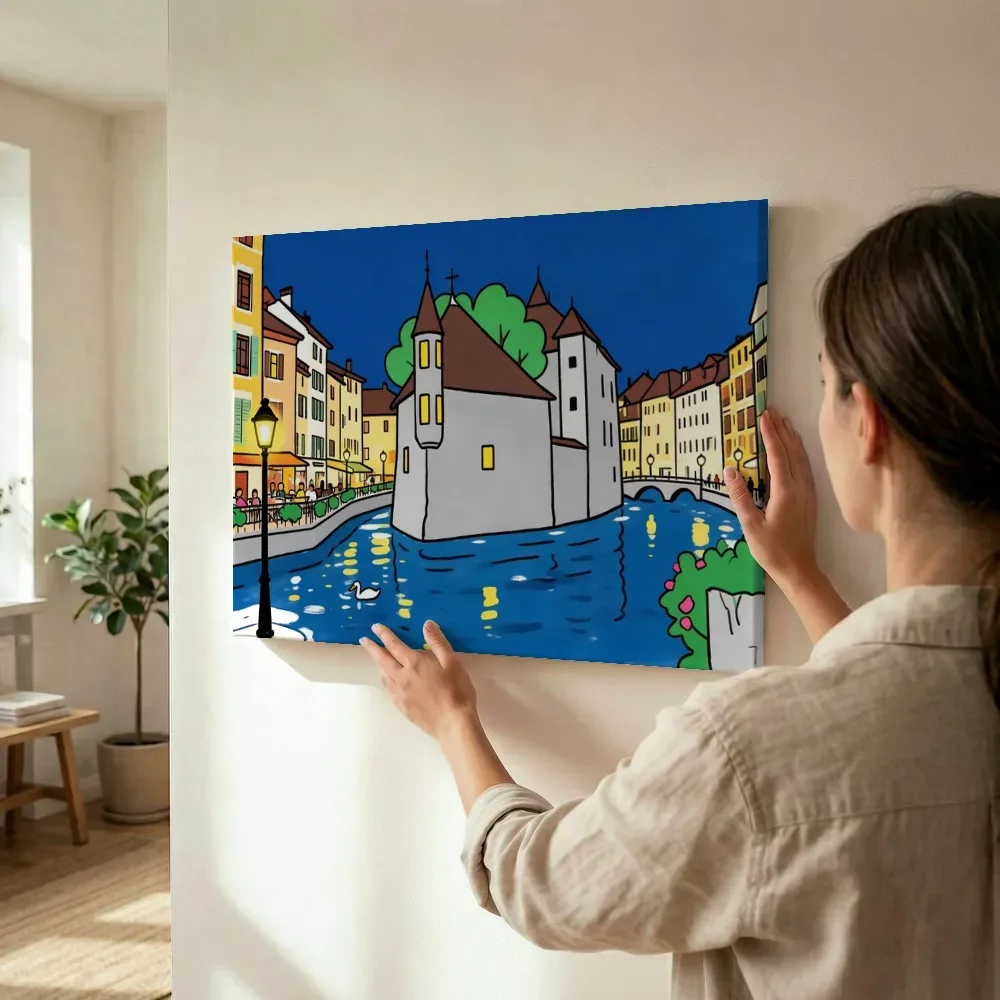 Sfeerimpressie: Annecy, straat in cartoonstijl terwijl het wordt opgehangen