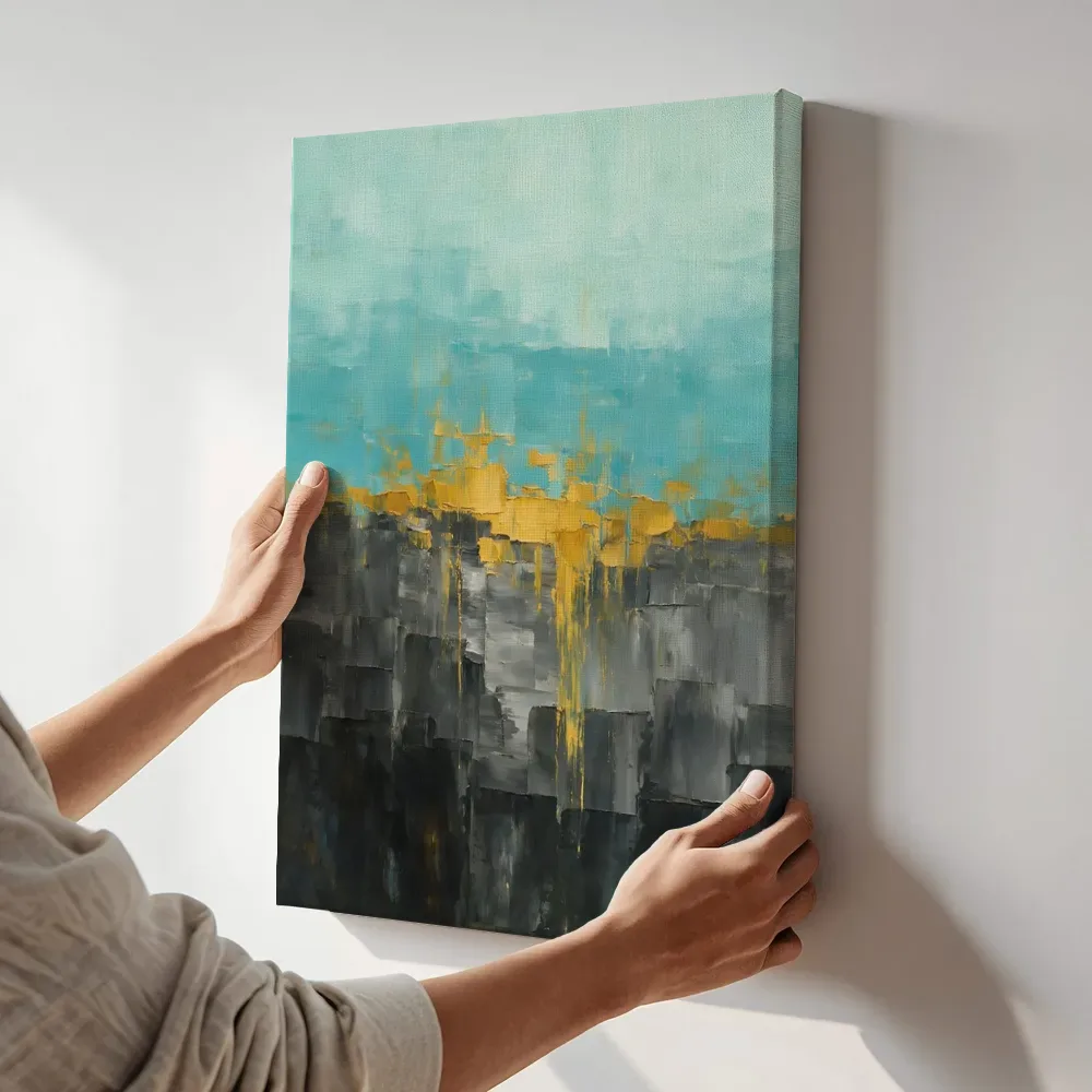 Sfeerimpressie: Antraciet en aquamarijn met hoge horizon terwijl het aan de muur wordt gehangen