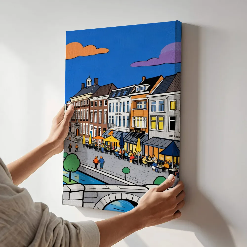 Sfeerimpressie: Antwerpen, Grote Markt in cartoonstijl terwijl het aan de muur wordt gehangen