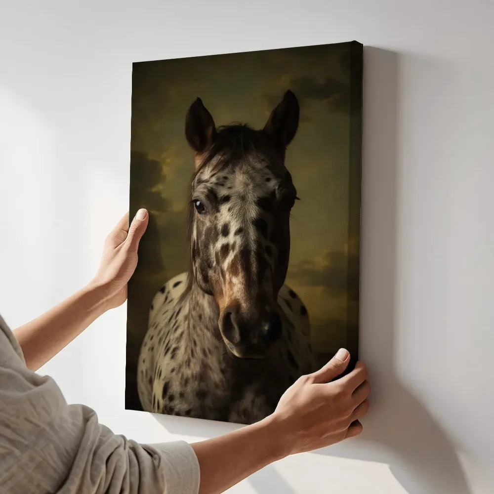 Sfeerimpressie: Appaloosa van voren in olijf terwijl het aan de muur wordt gehangen