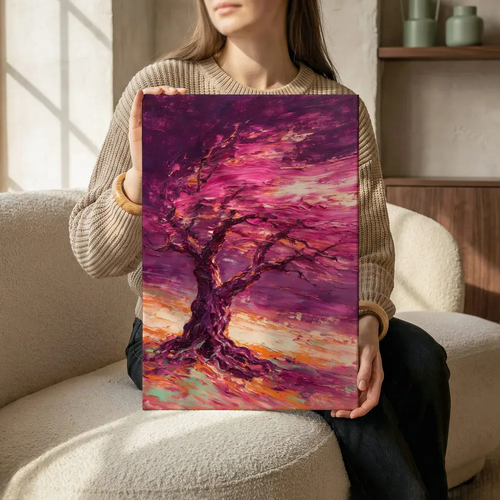 Sfeerimpressie: Appelboom kruin loopt weg in magenta terwijl het zittend wordt getoond