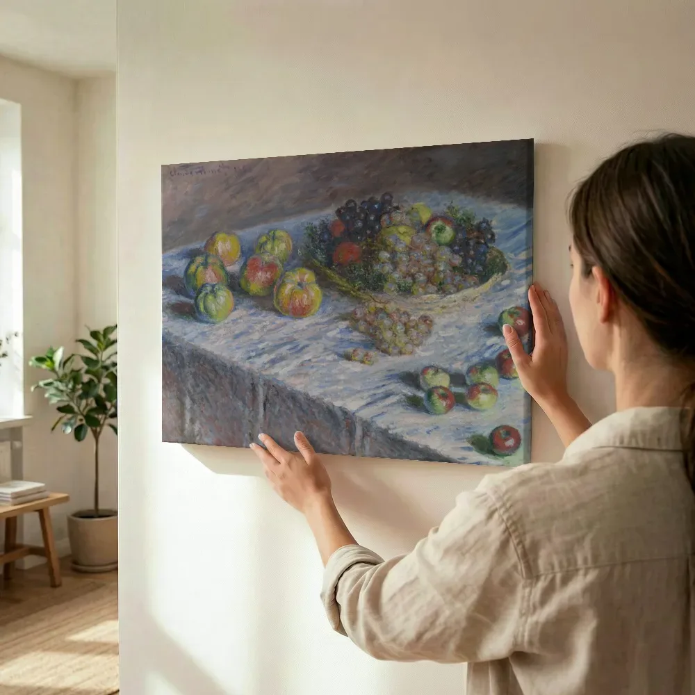 Sfeerimpressie: Appels en druiven van Claude Monet terwijl het wordt opgehangen