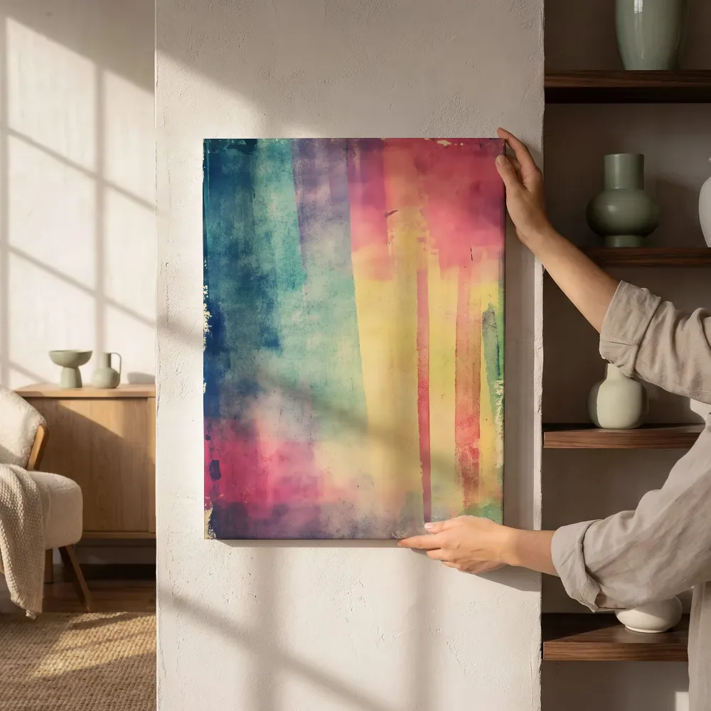 Sfeerimpressie: Aquarel blauw en geel naast de kast