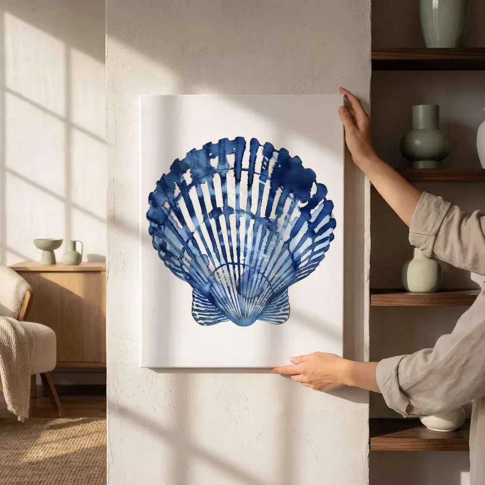 Sfeerimpressie: Blauwe schelp aquarel naast de kast