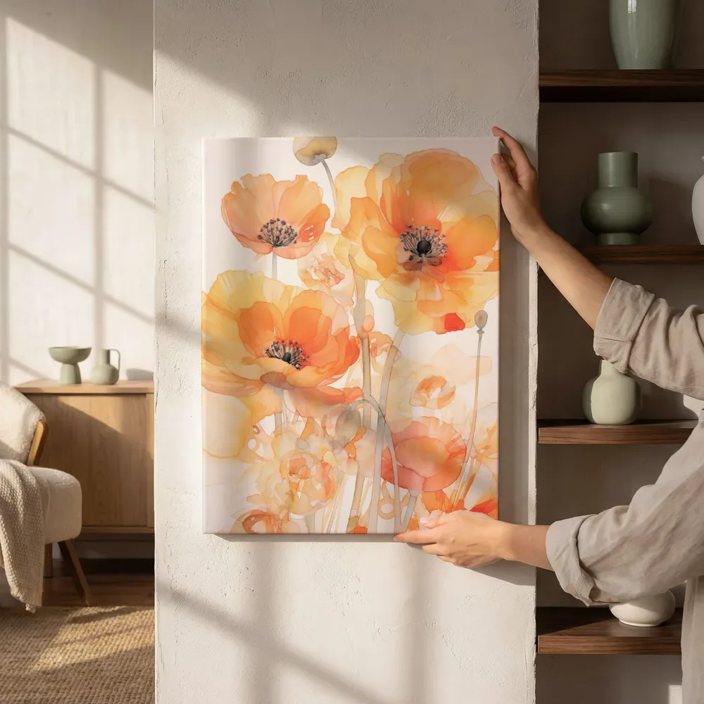 Sfeerimpressie: Aquarel close-up oranje klaprozen naast de kast