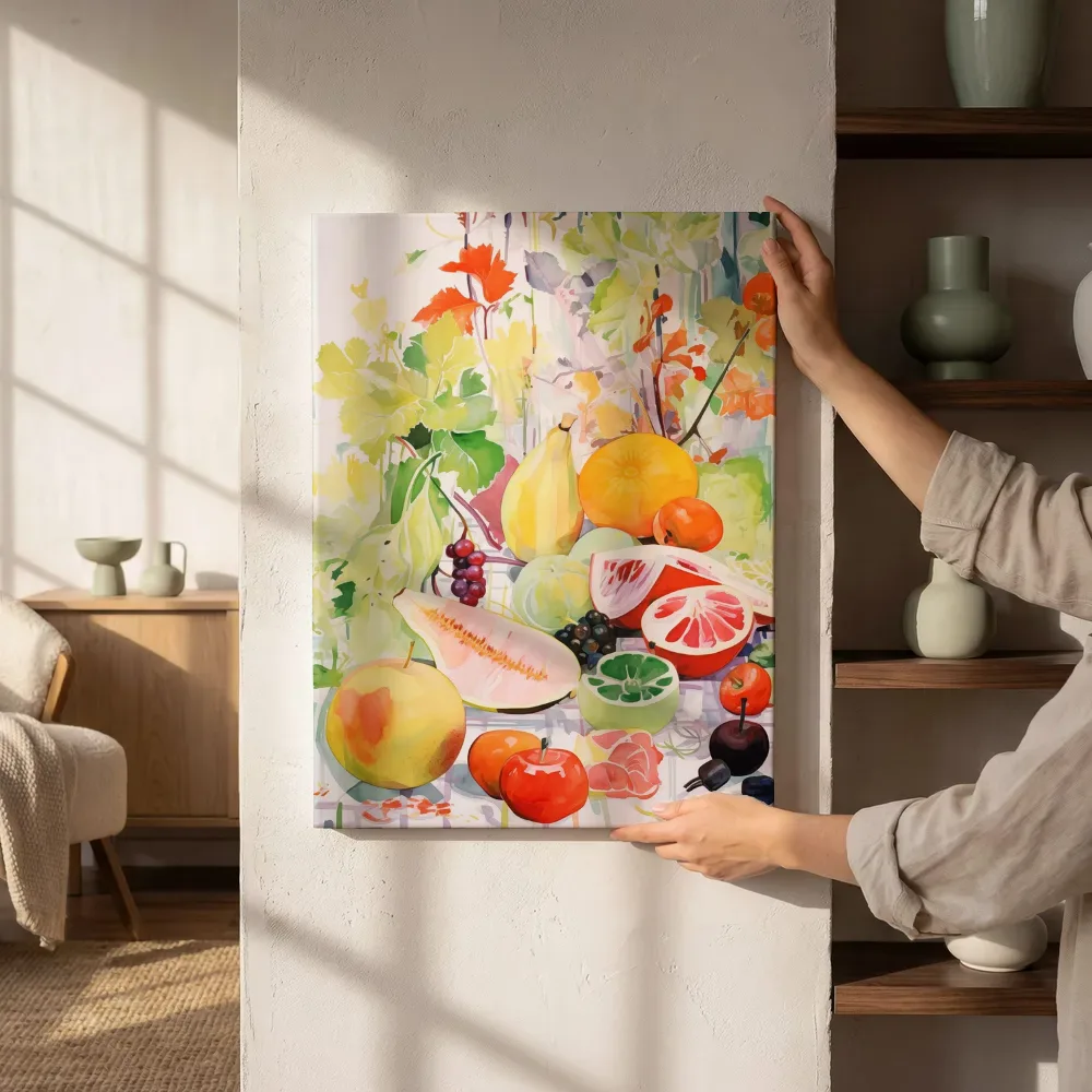 Sfeerimpressie: Aquarel fruit en bloesem naast de kast
