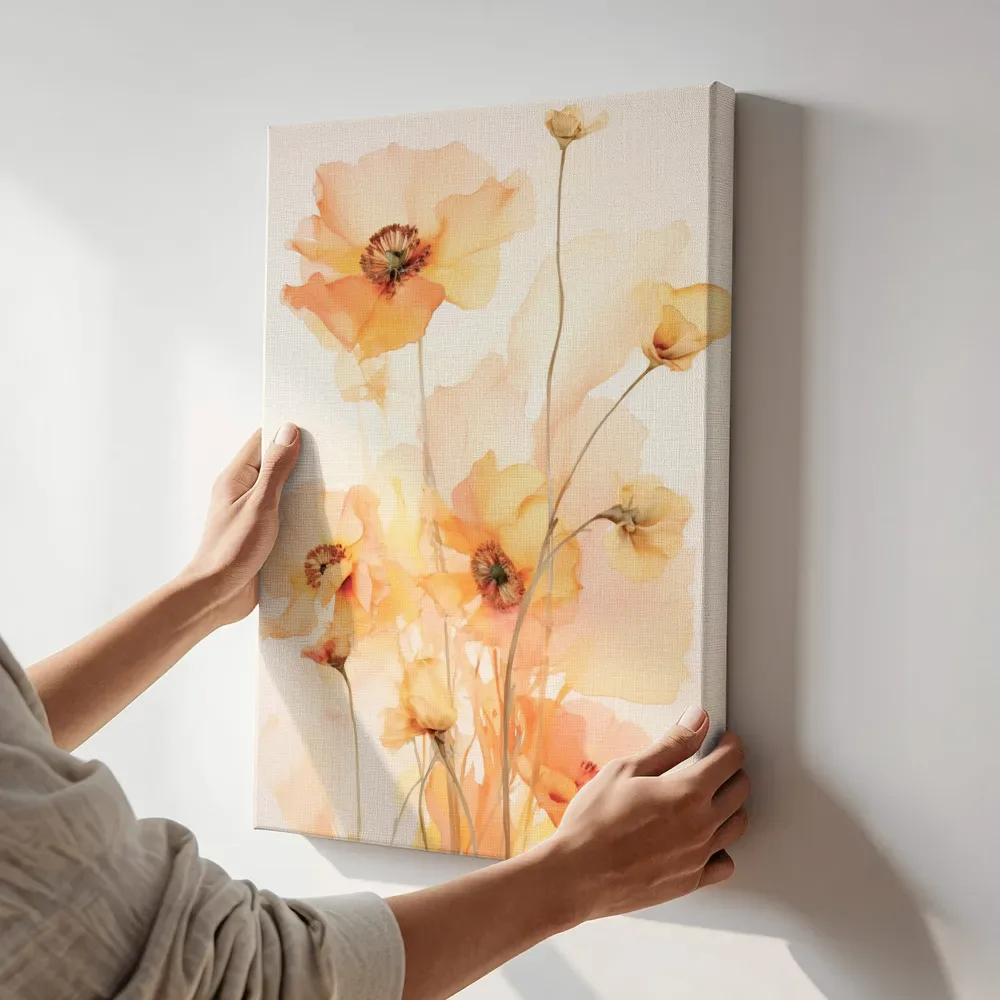 Sfeerimpressie: Aquarel goudkleurige klaprozen terwijl het aan de muur wordt gehangen