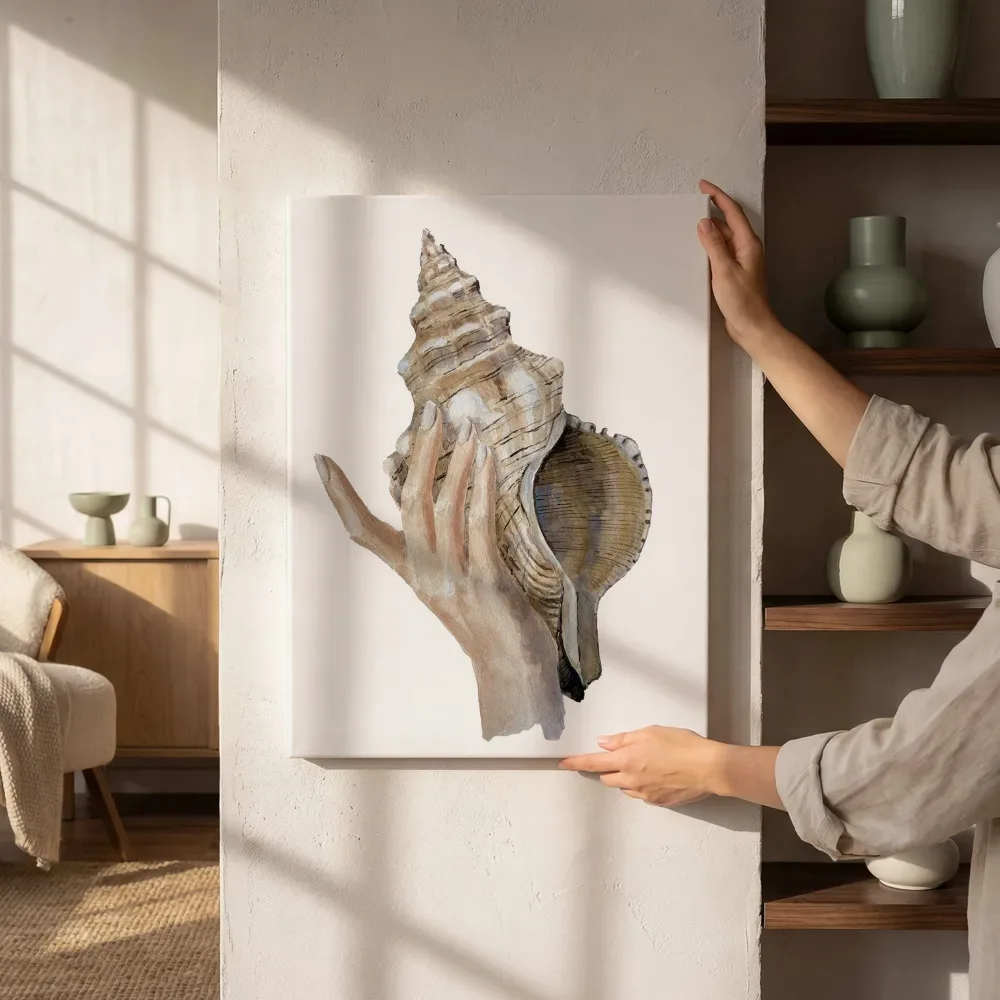 Sfeerimpressie: Hand met grote schelp naast de kast
