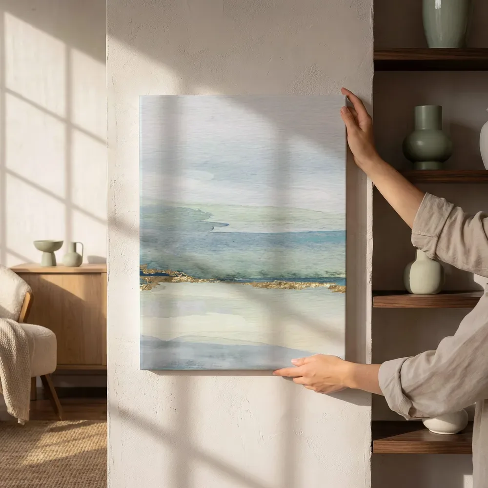 Sfeerimpressie: Aquarel horizon in groen, blauw en goud naast de kast