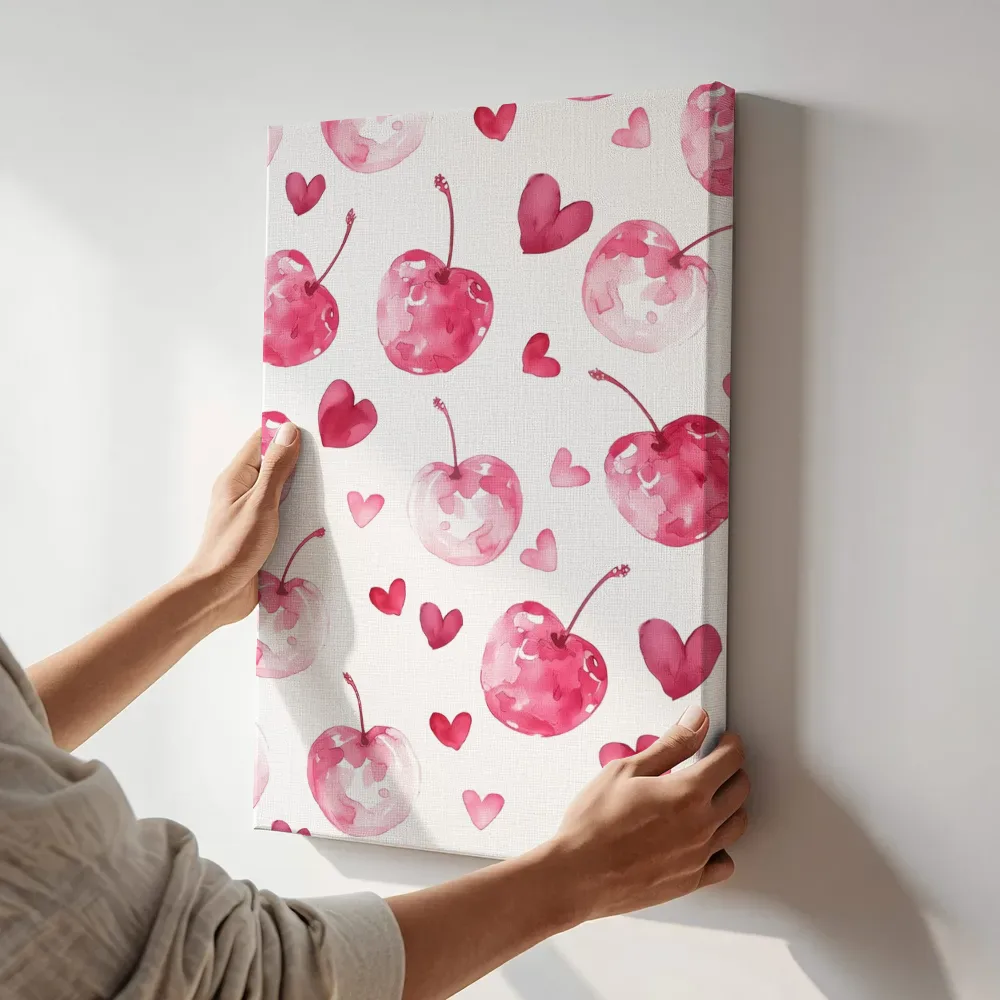Sfeerimpressie: Aquarel kersen met hartjes terwijl het aan de muur wordt gehangen