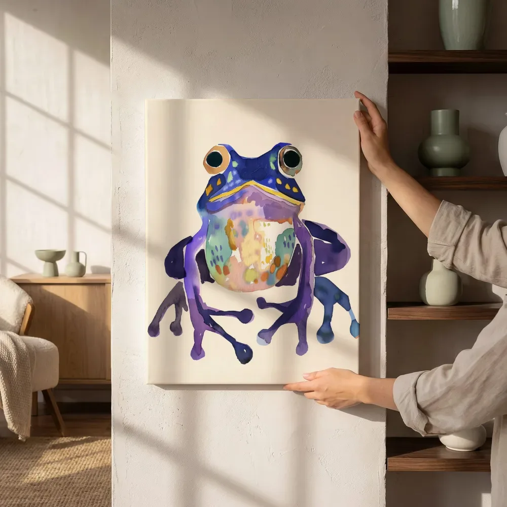 Sfeerimpressie: Aquarel kikker in blauwtinten naast de kast
