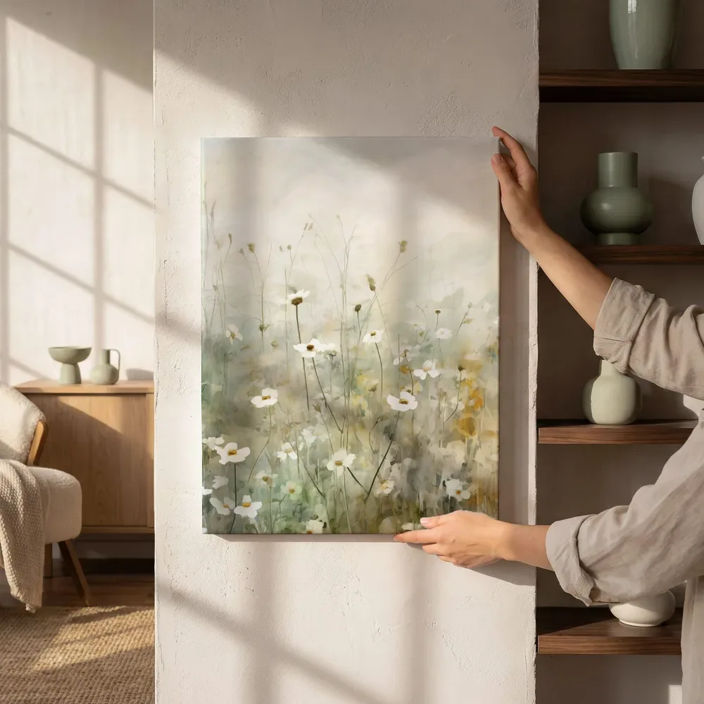 Sfeerimpressie: Aquarel margrietenweide in goud en mist naast de kast