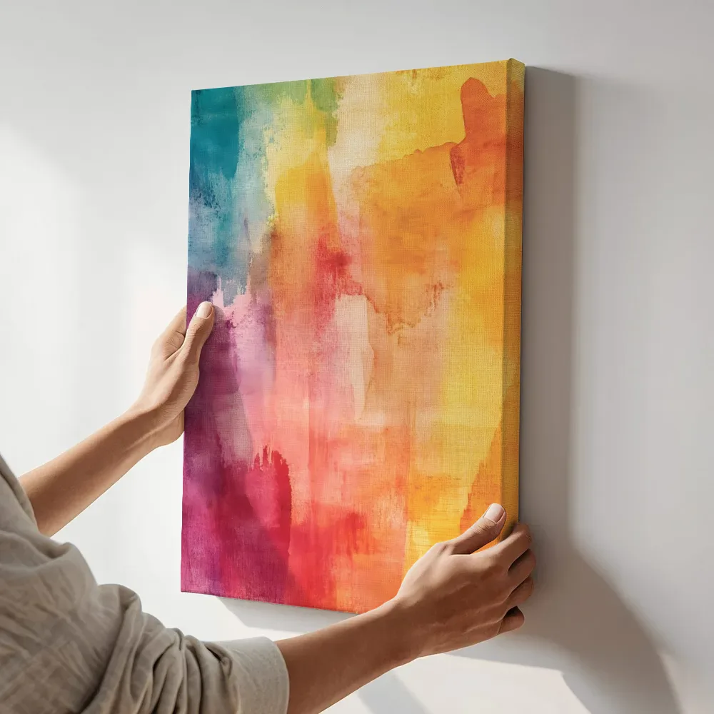 Sfeerimpressie: Aquarel kleurverloop terwijl het aan de muur wordt gehangen