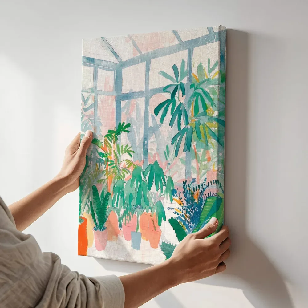 Sfeerimpressie: Aquarel serre vol kamerplanten terwijl het aan de muur wordt gehangen
