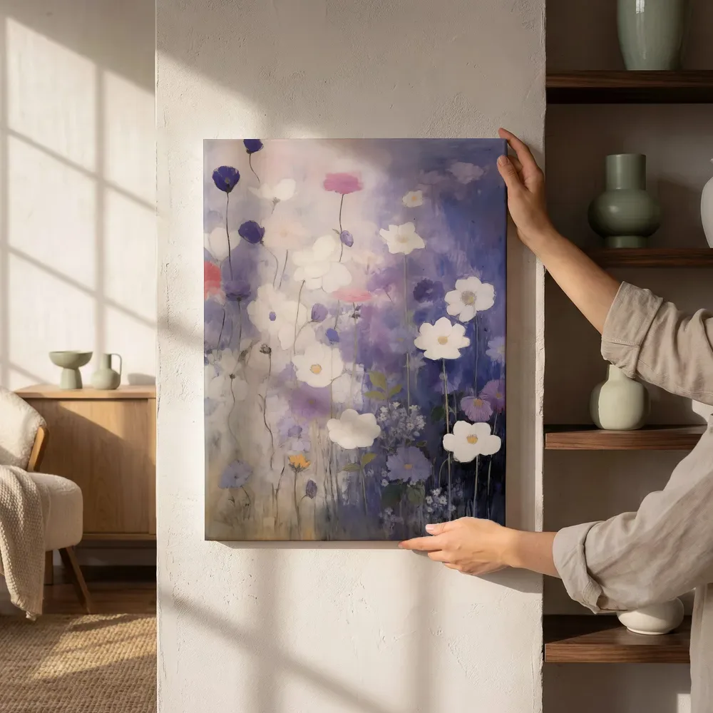 Sfeerimpressie: Aquarel bloemenveld in paars, wit en blauw naast de kast