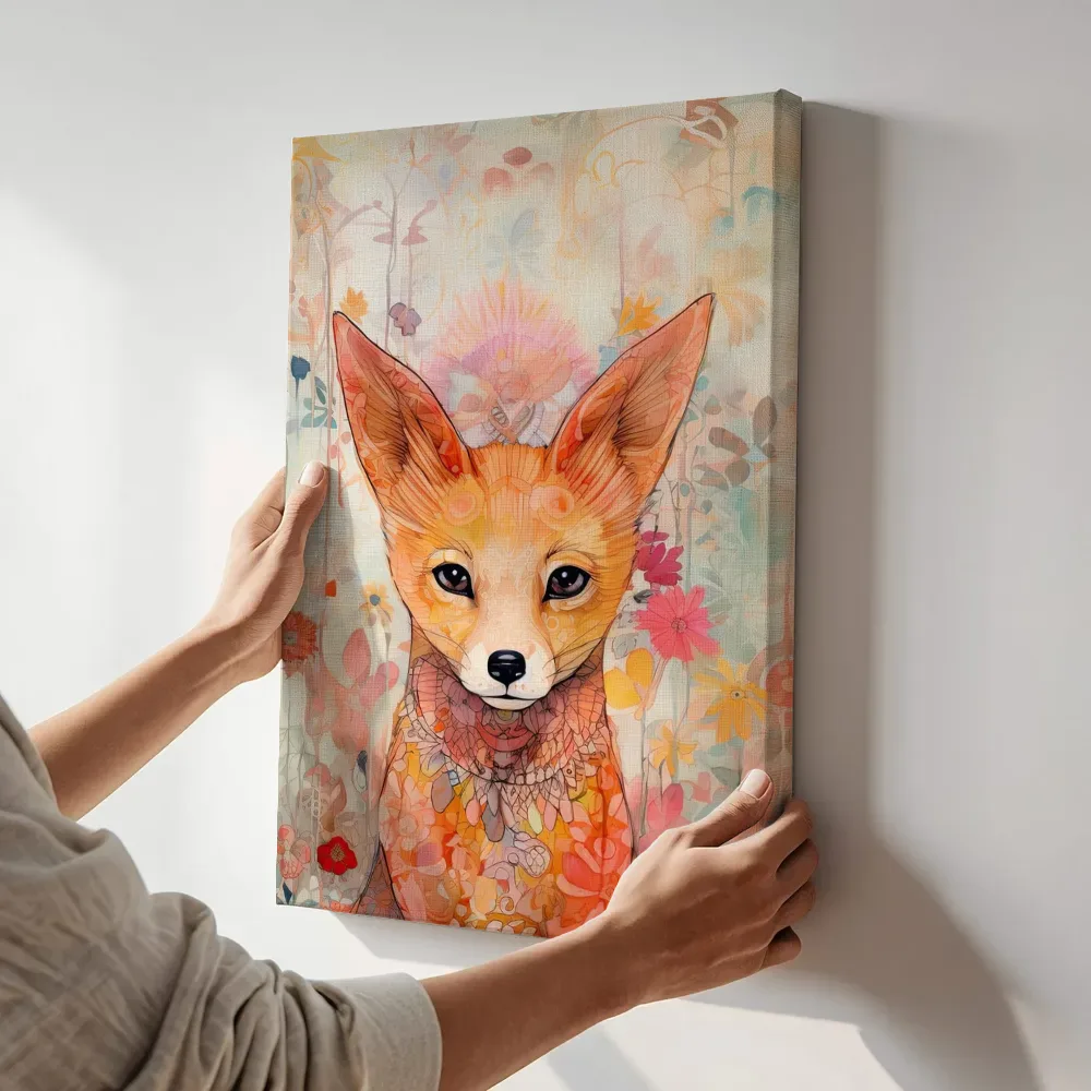 Sfeerimpressie: Aquarel vosje met bloementooi terwijl het aan de muur wordt gehangen