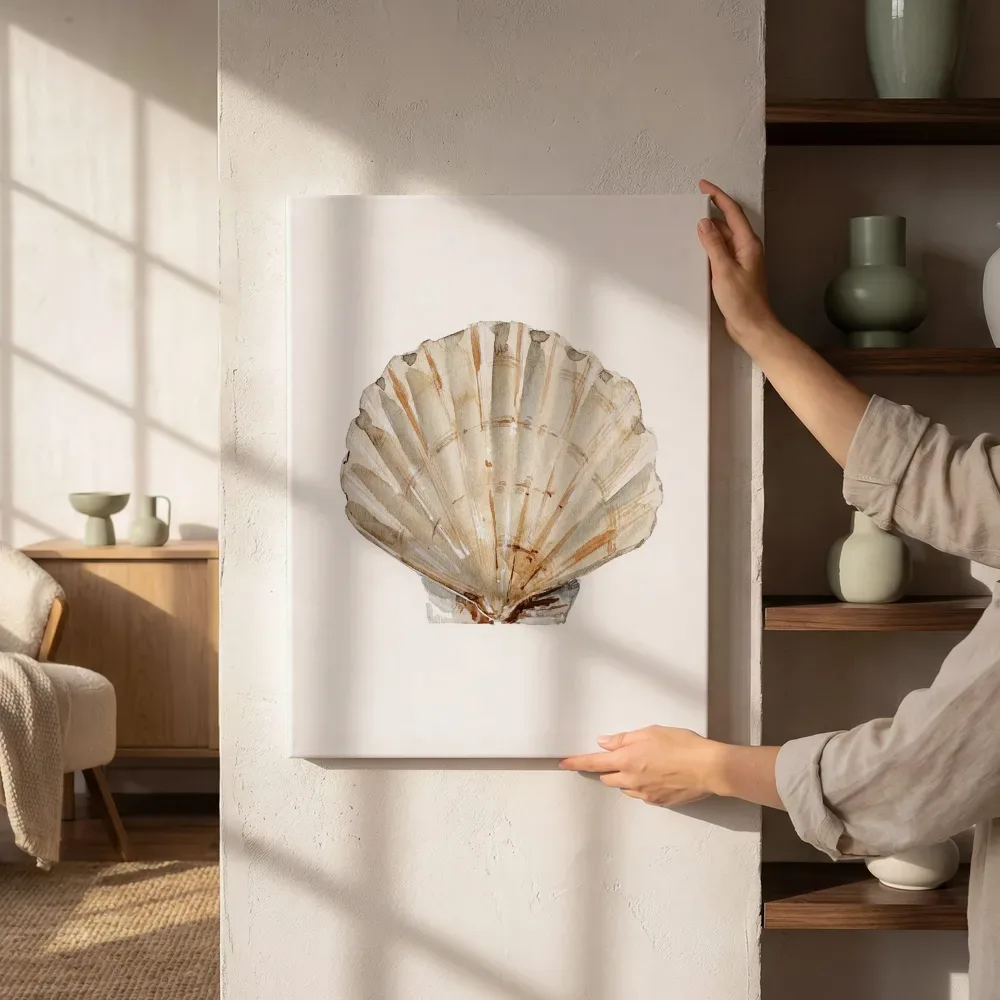 Sfeerimpressie: Waaiervormige schelp aquarel naast de kast