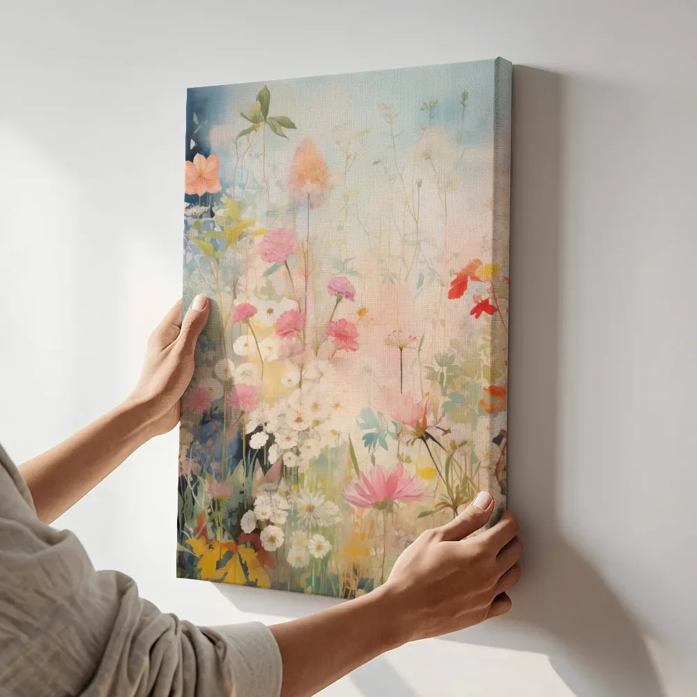 Sfeerimpressie: Aquarel weide in roze, wit en oranje terwijl het aan de muur wordt gehangen