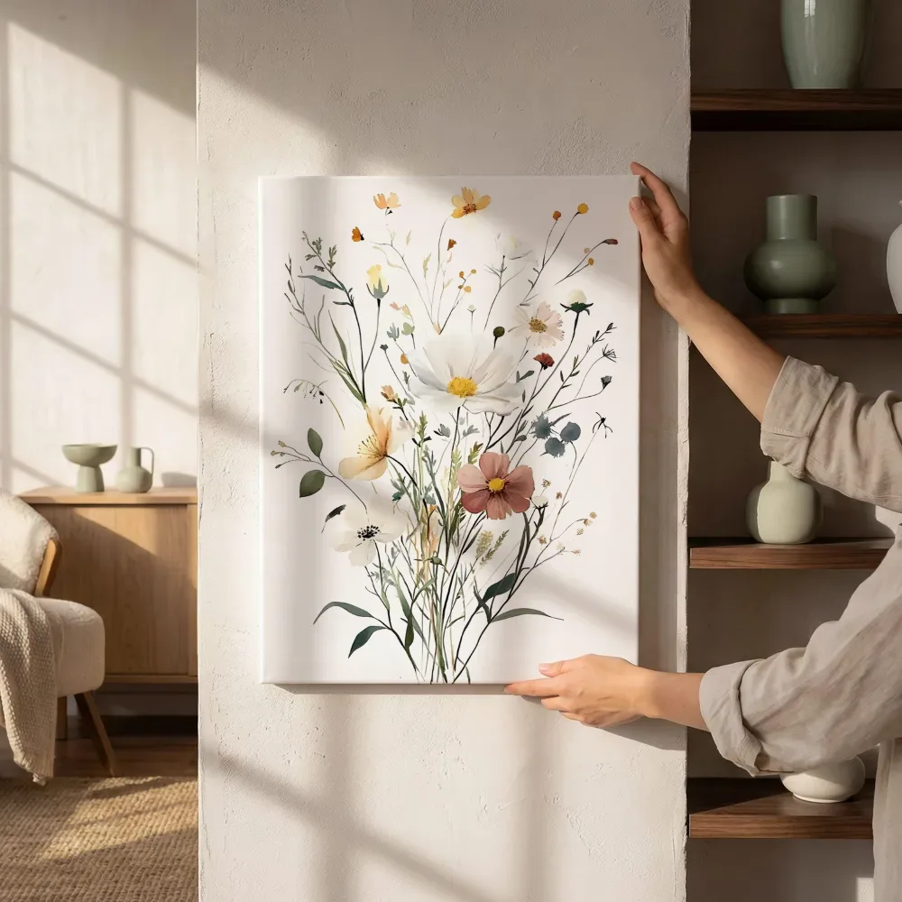 Sfeerimpressie: Aquarel wilde bloemenboeket naast de kast