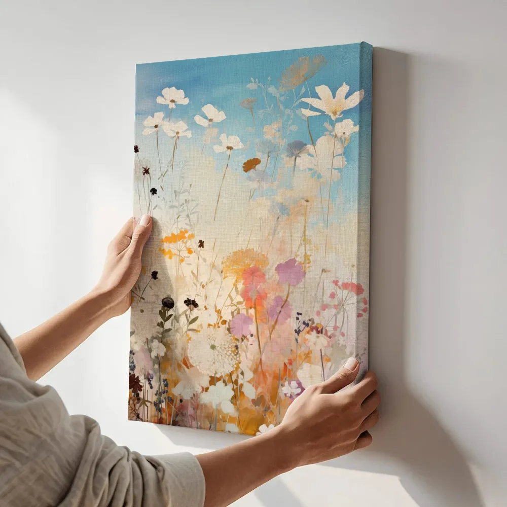 Sfeerimpressie: Aquarel wilde bloemenweide onder blauwe lucht terwijl het aan de muur wordt gehangen