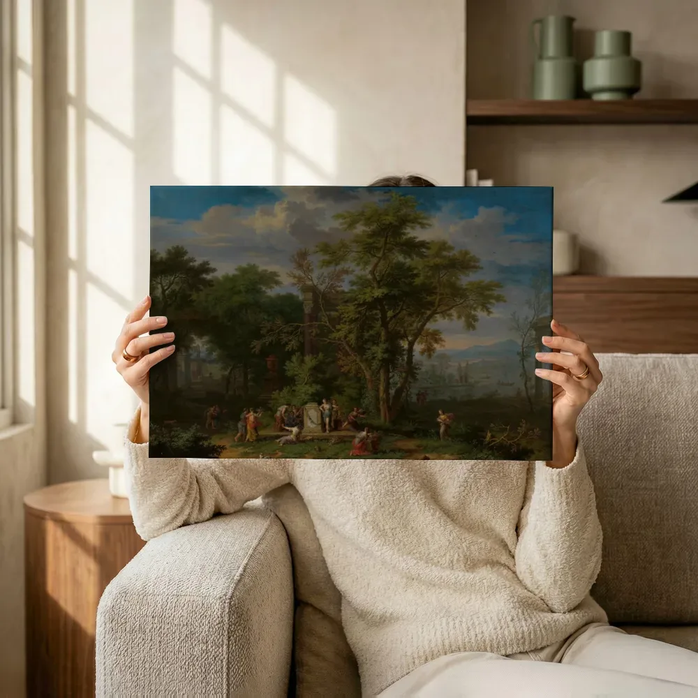 Sfeerimpressie: Arcadisch landschap met een plechtig offer van Jan van Huysum terwijl het omhoog wordt gehouden