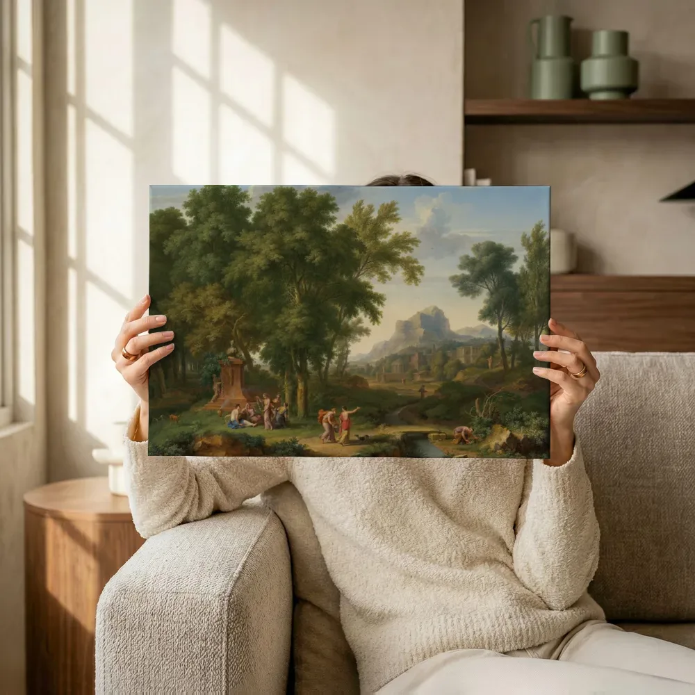 Sfeerimpressie: Arcadisch landschap met borstbeeld van Flora van Jan van Huysum terwijl het omhoog wordt gehouden