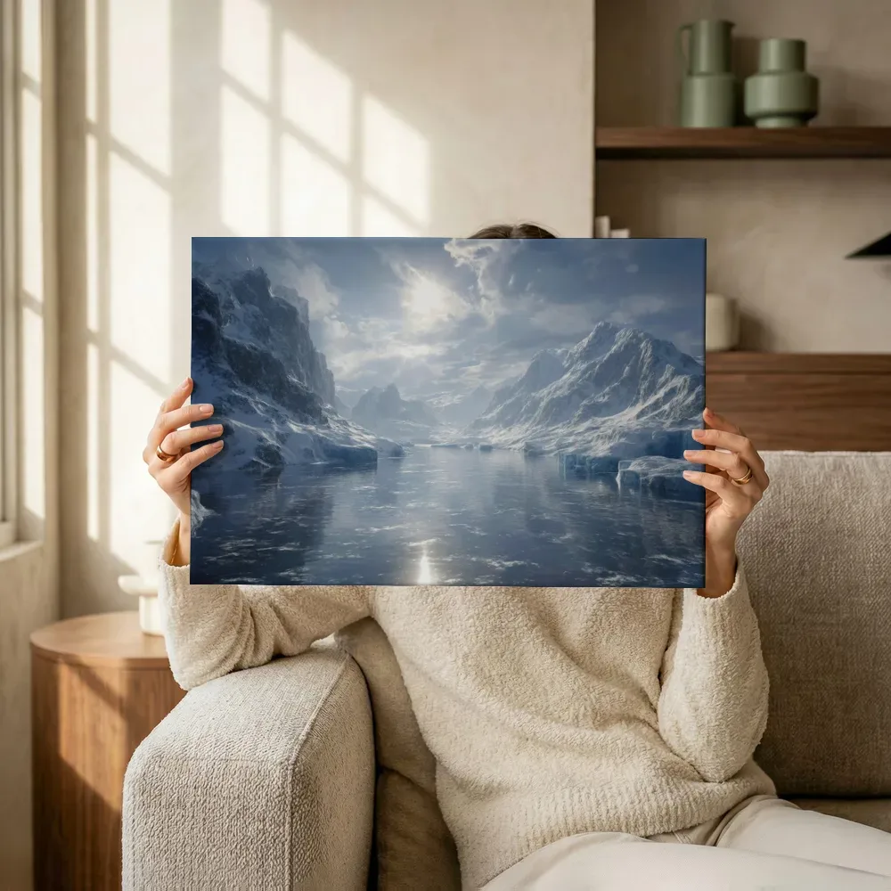 Sfeerimpressie: Arctische fjord met doorbrekende zon terwijl het omhoog wordt gehouden