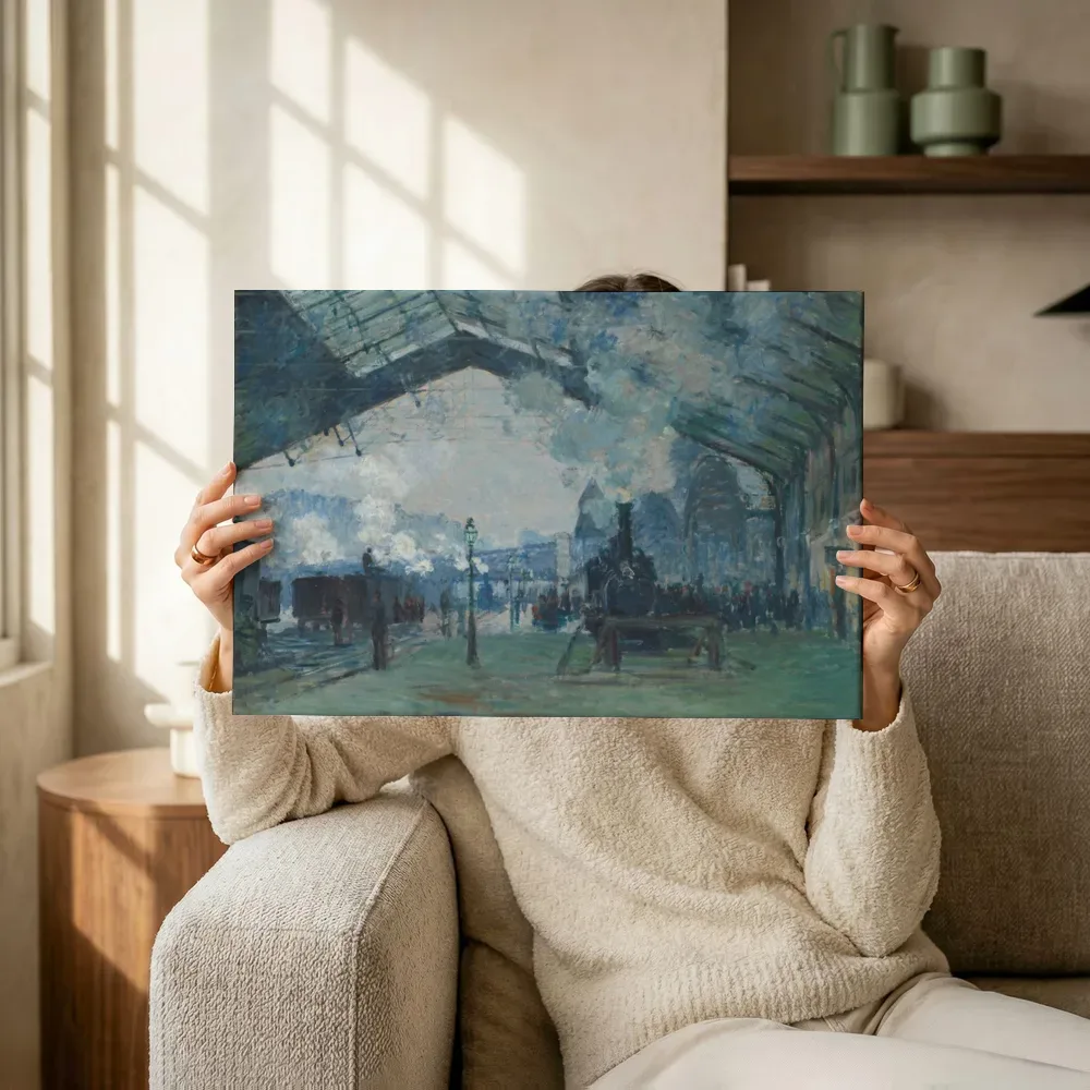 Sfeerimpressie: Aankomst van de trein uit Normandië, Gare Saint-Lazare van Claude Monet terwijl het omhoog wordt gehouden