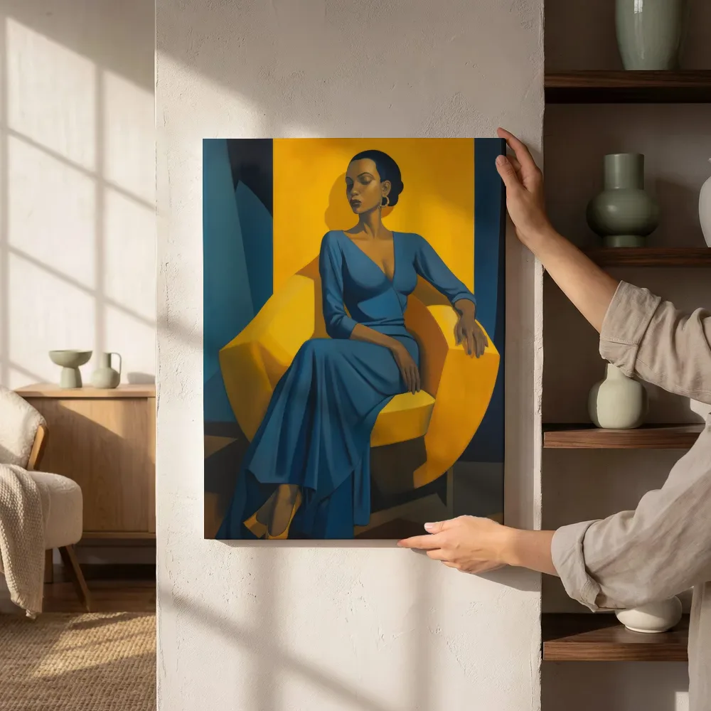 Sfeerimpressie: Art deco dame in blauwe jurk naast de kast