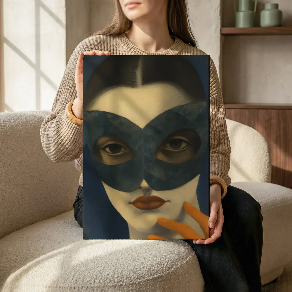 Sfeerimpressie: Art deco dame met masker terwijl het zittend wordt getoond