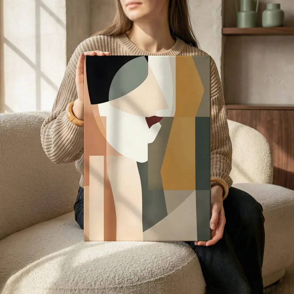 Sfeerimpressie: Art deco vrouwenprofiel in beige en olijf naast de kast