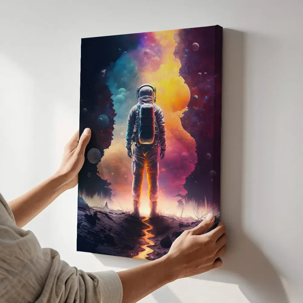 Sfeerimpressie: Astronaut bij de kosmische poort terwijl het aan de muur wordt gehangen