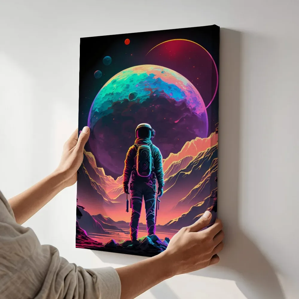 Sfeerimpressie: Astronaut bij de rode planeetring terwijl het aan de muur wordt gehangen