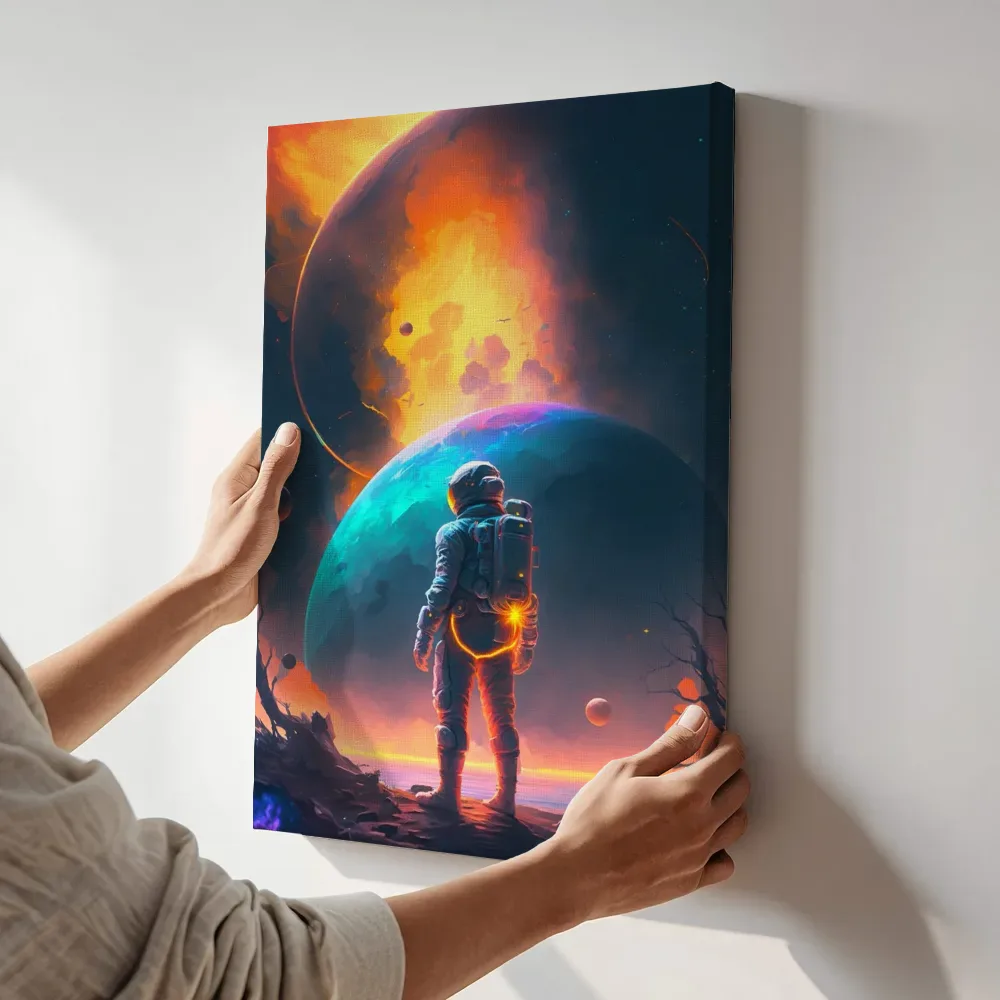 Sfeerimpressie: Astronaut bij de vurige planeet terwijl het aan de muur wordt gehangen