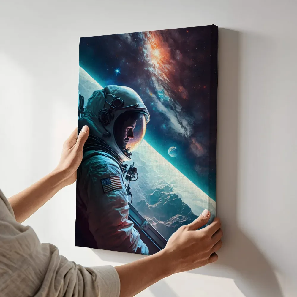Sfeerimpressie: Astronaut boven de aarde terwijl het aan de muur wordt gehangen