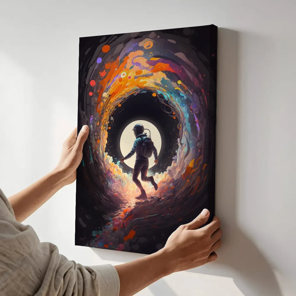 Sfeerimpressie: Astronaut door de kleurenpoort terwijl het aan de muur wordt gehangen