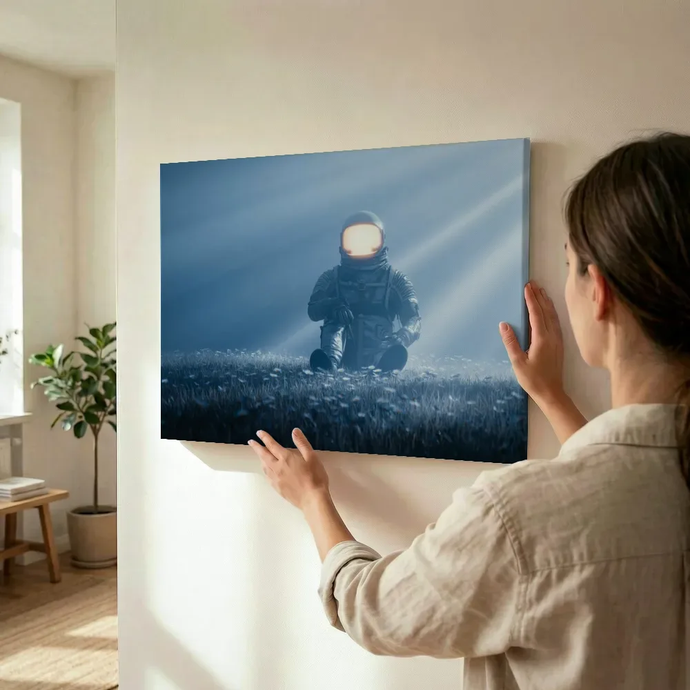 Sfeerimpressie: Astronaut geknield in bloemenveld terwijl het wordt opgehangen